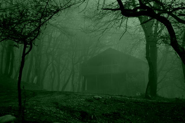 A low-angle view towards an old wooden building that’s barely visible emerging from the green-hued murk in a dark forested area. The trees that surround the building are mostly bare of leaves. Image at LondonOfficeSpace.com.