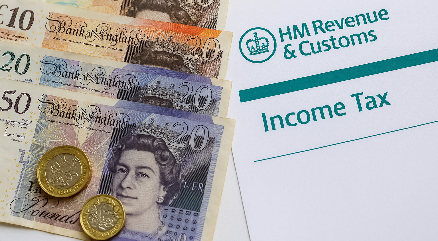 British pound notes and coins alongside an HM Revenue & Customs Income Tax document, highlighting financial considerations for setting up a business in London. Image at Londonofficespace.com.